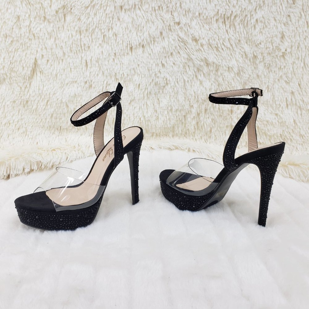 Black rhinestone high heel shoes clear toe strap - Picture 5 of 12